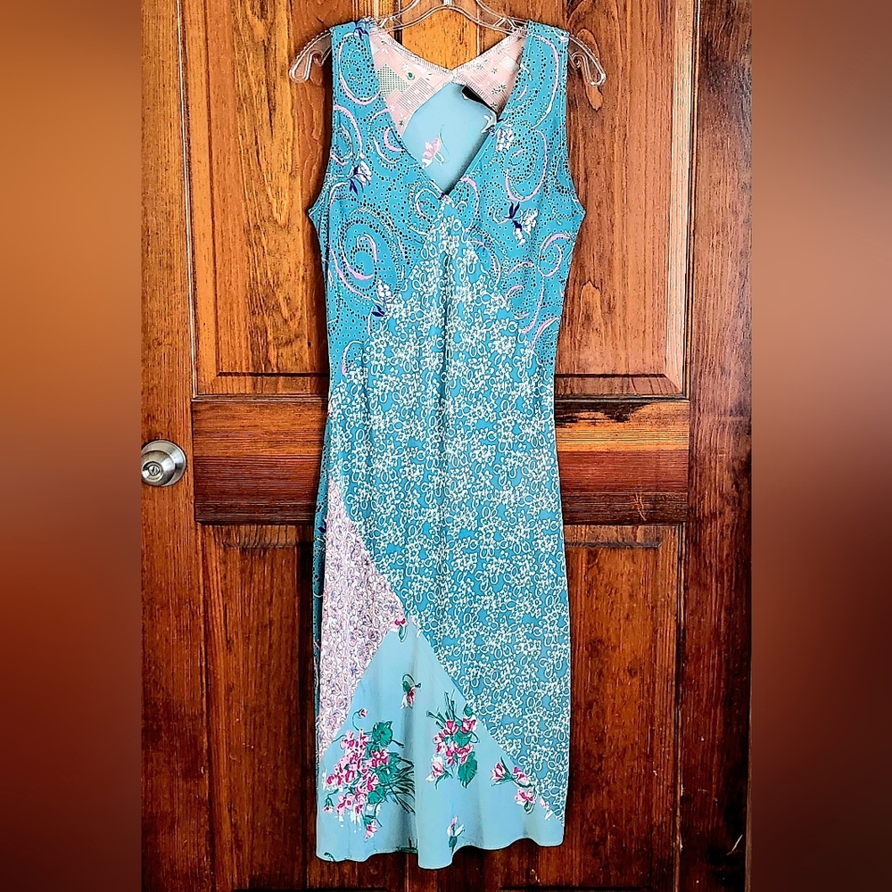 Vintage Slip Dress Bias Cut Patchwork Various Turquoise Blue Pink Floral Prints